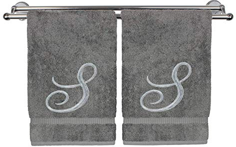 Monogrammiertes Handtuch, personalisiertes Geschenk, 40.6x76.2 cm, 2er-Set, silbernes besticktes Handtuch, extra saugfähig, 100 % türkische Baumwolle, Küche und Spa, Schrift S Grau