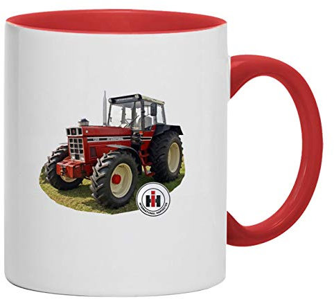 Oldtimer Tasse IHC 1255 Int. Harvester Traktor Abbildung Kaffeebecher Keramik, 330 ml Inhalt | Weiß/Rot