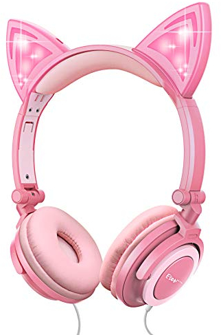 esonstyle Kids headphones Over Ear with LED Glowing Cat Ears,Safe Wired Kids Headsets 85dB Volume Limited, Food Grade Silicone, 3.5mm Aux Jack, Cat-Inspired Pink Headphones for Girls