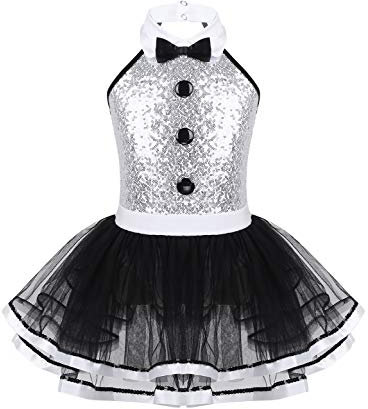 iEFiEL Mädchen Pailletten Ballettkleid Glitzer Tanzkleid mit Kragen & Knöpfe Performance Kostüm Kinder Ballett Tutu Ballettanzug Body Gymnastikanzug Silber & Schwarz 122-128