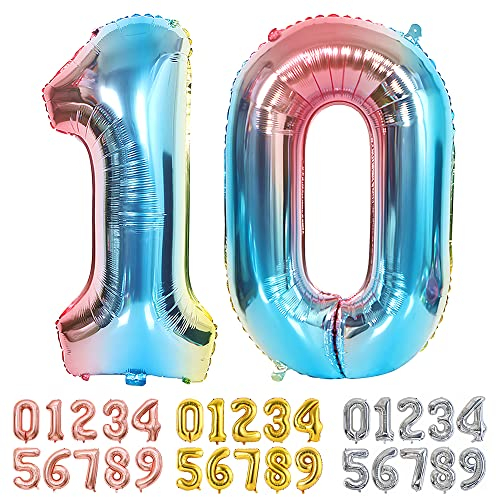 Ponmoo Luftballons Zahlen 10 Farbverlauf Blau, Riesen Nummer 0 1 2 3 4 5 6 7 8 9 10-19 20-29 30-39 40 50 60 70 80 90 100, groß Folienballons für Hochzeit Jubiläum, Geburtstags Party Dekoration