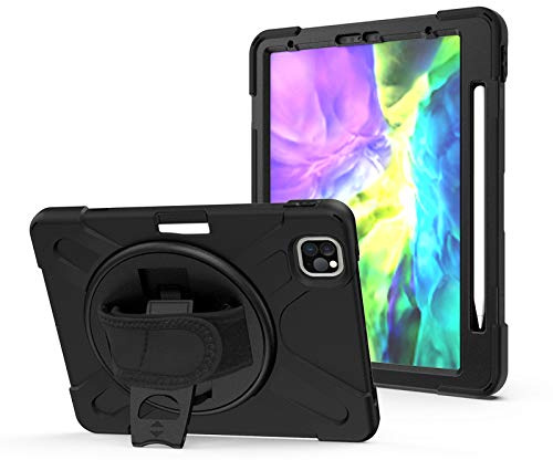 JCTek stoßfeste Schutzhülle für iPad Pro 27,9 cm (11 Zoll) 2020 Tablet, Hybrid-Armor, robuste Schutzhülle mit integriertem Stifthalter, Handschlaufe und Schultergurt, [drehbarer Ständer] schwarz