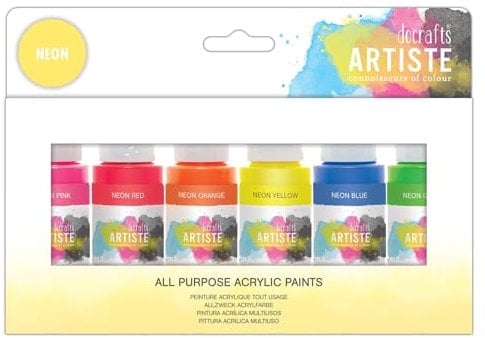 Artiste Acrylic Paint Set Pack of 6X 59ml 2oz - Neon Colours, Quick-Drying Professional Art and Hobby Craft Artists Paint, Water-Based Paints Cover Surfaces with Ease, Ideal for Travel Artists