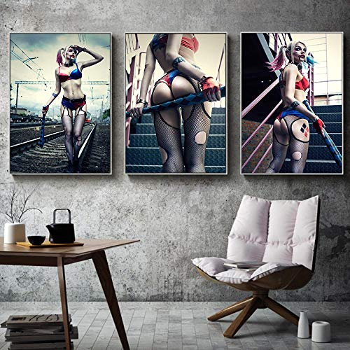 3 Stück Selbstmordkommando Harley Quinn Filmplakate und Drucke Joker Frauen Leinwand Gemälde Wandkunst Bild für Wohnzimmer Dekor 50x70cm ohne Rahmen