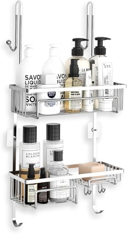 COSYLAND Shower Caddy Over The Door, Rustproof Bathroom Shelf Organizer, SUS304 Stainless Steel Wall Rack for Dorm, Toilet, Bath and Kitchen, Silver