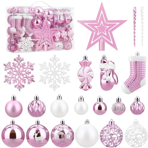 SOLEDI Set di 128 Palline di Natale - Accessori Decorativi per L'Albero di Natale - addobbi Natalizie in Rosa e Bianco - Diverse Forme di Palline ed Un Puntale per Albero di Natale