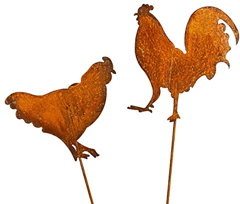 Blümelhuber - Edelrost Gartendeko Huhn und Hahn im 2er Set - Hühner Deko Figuren für den Garten - Vogel Tiere aus Rost als Blumenstecker und Garten Deko