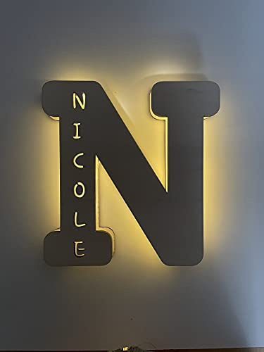 DRYSSON Holz Buchstabe Namen Nachtlicht Schlaflicht Lampe licht leuchte Namensschild Baby Kinder Zimmer Geschenk zur Geburt [Energieklasse A++] (Buchstabe: N)