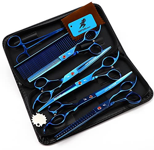 NEPURLson hochwertige professionelle Haustierpflegeschere, 17,8 cm, Stahl, Haustierschneideschere, blauer Anzug (12,7 cm im Set)