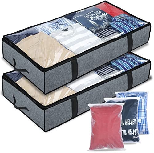 Mintry 90L underbed storage boxes- Pack of 2 Large under bed storage bag with 3x Bonus Large Zip lock Bags- Clothes storage boxes with lid & PVC Window For Quilts, Blankets & Clothes