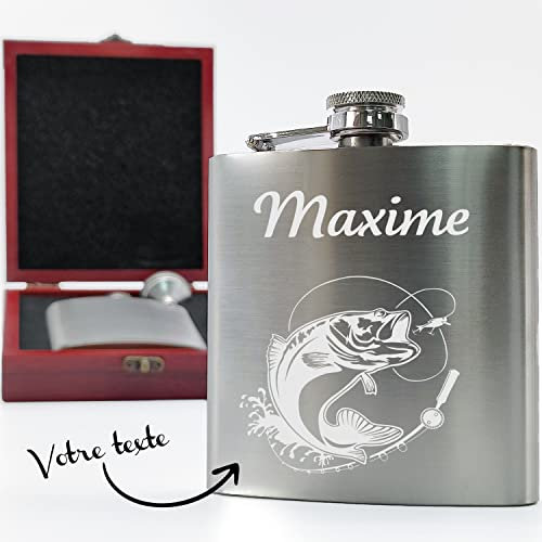 KDO MAGIC - Flasque alcool personnalisé - Flasque de poche personnalisable avec un prénom - 175ml - Couleur silver - Idée cadeau pour fête des pères, anniversaire, retraite et noël (Modèle Poisson)
