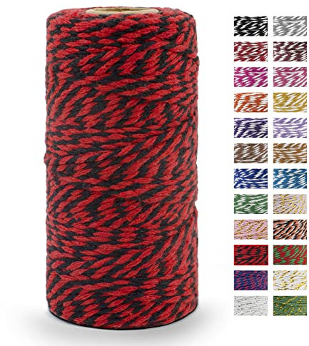 LEREATI Cordoncino Cotone Baker's Twine Spago per Decorazioni Spago da Cucina Natalizio Corda Colorata Filo Cotone per Decorazione, Confezioni Regalo, Artigianato Fai da Te (Rosso e Nero)