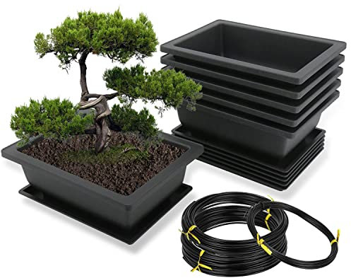 MissFox Bonsai Schale Mit Untersetzer, 6 Stücke Trainingstöpfe Aus Kunststoff, Pflanztopf Für Garten, Rechteckiges Blumentopf-Set Mit Aluminium-Draht, 23x17x8cm