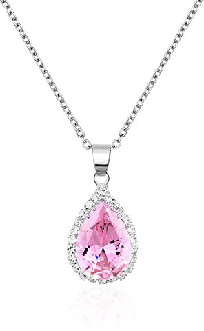 Linawe Pink Crystal Silver Chain Necklace for Women, Imitation Diamond Pendant Cubic Zirconia Birthstone Rhinestone Teardrop Necklace, Preppy Bridal Wedding Jewellery