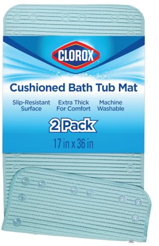 Clorox Cushioned Bath Mat for Tubs, Non Slip Bathtub Mat with Suction Cups, 17 x 36 Inches, Sky Blue, 2 Pack