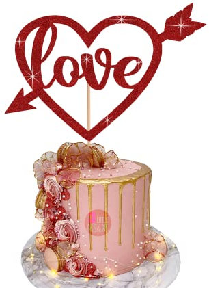 1 Pack Love Heart Valentine's Day Theme Double Sided Glitter Card Cake Topper by 3 Little Desserts (RED)