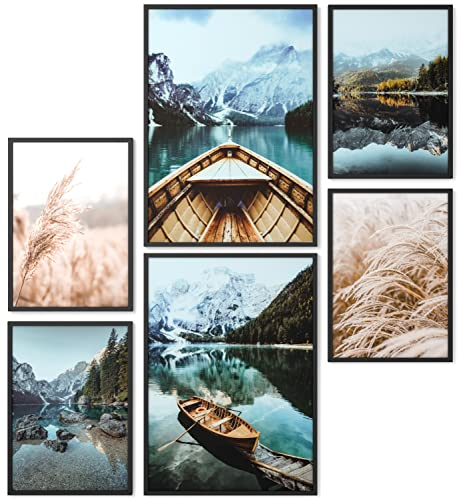 Papierschmiede® XXL Mood Poster Set Lake View, Gerahmte Bilder (Aluminium Rahmen, Farbe wählbar), Wohnzimmer Deko Wandbilder Schlafzimmer, 2x A2 und 4x A3, Boot See Wald Pampas Gras Berg