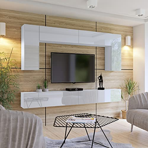 BROMARKT Premium Wohnwand Wohnzimmer Set 6 Teile - Wohnzimmer Schrank - Wohnzimmer Möbel mit Wandschrank- Wohnwand Modern - Wohnzimmerschrank Komplett Möbel - Hochglanz Weiß