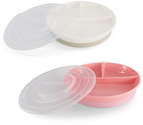 Twistshake 2X Baby Plato Dividido con Tapa Hermética | Plato Dividido Para Niños | Plato De Destete Sin Bpa | Plato De Comida | Blanco Rosa