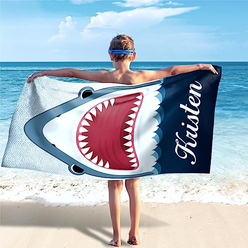 SearchI Personalisiertes Strandtuch mit Namen 76x152cm Kein Sand Schnell Trocknendes Badetuch Mikrofaser Strandtuch Personalisierte Geschenke für Fitness, Reisen, Strand, Sauna, Outdoor-Sport(Hai)