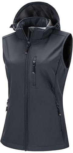 33,000ft Gilet softshell pour femme avec capuche amovible en polaire, sans manches, imperméable, coupe-vent, avec 5 poches, pour l'équitation, la course, la randonnée, gris foncé, L