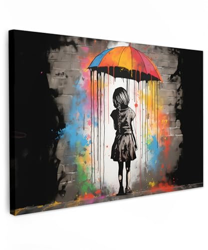 MuchoWow© Leinwände Groß 120x80 cm XXL Wall Decoration Bilder Schlafzimmer Deko Pictures Canvas Painting Wanddekoration Wohnzimmer Banksy - Street Pop Art - Kunst - Regenschirm - Graffiti - Farben