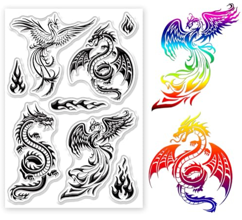 ORIGACH Phönix Drache Klare Stempel für Kartenherstellung Phönix Drache und Flamme Transparente Silikonstempel für DIY Scrapbooking Journaling Fotoalbum Bastelzubehör