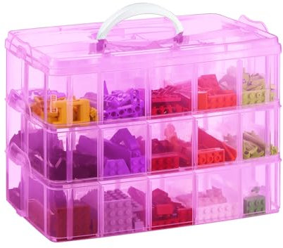Storage Box for Lego, Stackable Storage Organizer with 30 Compartments for Lego, Storage for Barbie Dolls, for Hot Wheel Toy Bins for kids organizer, Clear Toy Storage Bin(Pink)