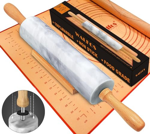 Walfos Set di mattarello in marmo con tappetino in silicone antiaderente, 43 cm, per la produzione di pizza, tortillas e biscotti, mattarello per torte, crosta, pizza, pasta (grigio e bianco)