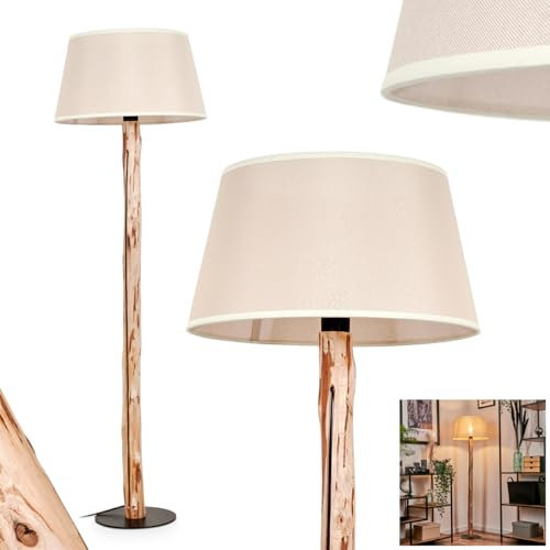 Stehleuchte Bassagoda, moderne Stehlampe aus Holz/Metall/Stoff in Natur/Schwarz/Beige, Leuchte im skandinavischen Design m. rundem Schirm (Ø 45,5cm) u. Fußschalter, Höhe 145cm, E27, ohne Leuchtmittel