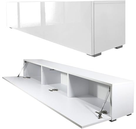 Milionmeblicom Fernsehtisch Fernsehschrank TV Verdeckter Griff mit Soft-Close Lowboard Hängeschrank- Hängend Oder Stehend für Wohnzimmer -Matt Weiß/Hochglanz Weiß 30x160x30 HxBxT