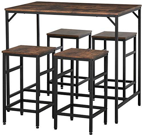 HOMCOM Ensemble Table de Bar Industriel + 4 tabourets Repose-Pieds en Bois Couleur Chêne Cadre en métal Noir