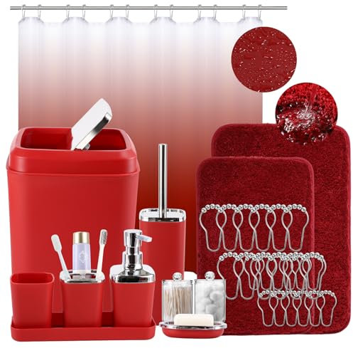 Ensemble d'accessoires de salle de bain bordeaux avec rideau de douche et tapis de salle de bain, ensemble de salle de bain rouge foncé avec poubelle, porte-brosse à dents et tasse, distributeur de