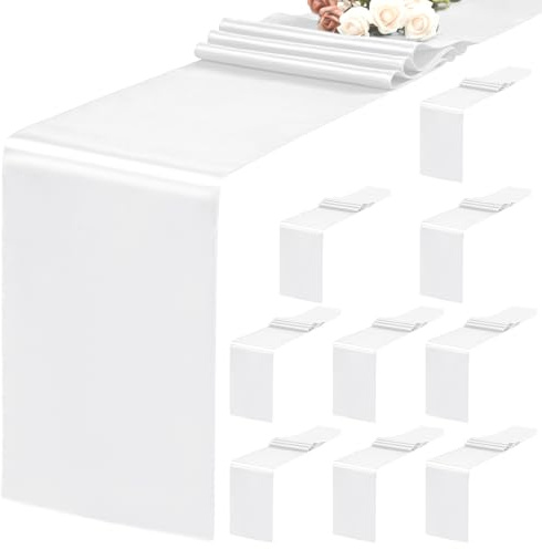 Teruntrue 10 Stück weiße Tischläufer, 30 x 183 cm, Satin-Tischläufer für rechteckige runde Tische, weiße Tischläufer für Hochzeiten, Geburtstagsbankette, Verlobungen, Party-Dekoration