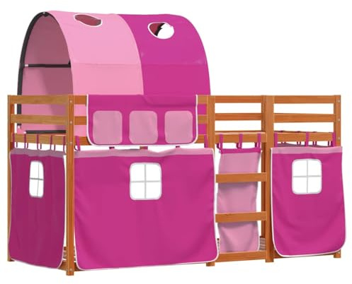 vidaXL Etagenbett, Kinderbett mit Vorhängen Leiter, Hochbett Spielbett für Kinder ab 6 Jahren, Doppel Stockbett Bett, Rosa 90x190cm Massivholz Kiefer