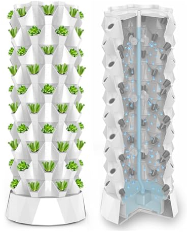 LSHFYV Growing System Vertical Tower, Hydroponics Tower Kit, freistehender vertikal wachsender aeroponischer Garten zum Pflanzen von Kräutern und Gemüse mit Hydratationspumpe, Saatbeet,White-80Pots