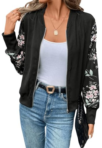 GORGLITTER Damen Bomberjacke Baseball-Kragen Blouson Herbst Jacke Fliegerjacke Pilotenjacke Bomber Jacket Übergangsjacke mit Reißverschluss Schwarz S