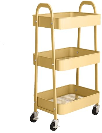 simpa 3 Tier Metal Multipurpose Wheeled Storage Tray Cart - YELLOW 78.5cm (H) x 46cm (W) x 30.5cm (D)