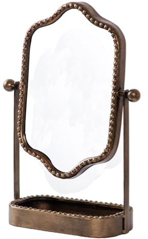 HuiDao Vintage Tischspiegel mit Tablett, Eitelkeitsspiegel mit Metallrahmen, Antiker Schminkspiegel Dekorative 360° Drehscheibe, Spiegel Tisch für Kommode, Schlafzimmer, Badezimmer (Bronze, L-Bogen)
