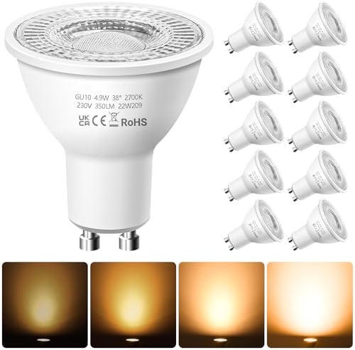 Nottac GU10 LED Spotlight Bulbs, Dimmable Warm White 2700K 4.9W Energy Saving Light Bulbs, (Equivalent to 50W) Halogen Spotlight Bulbs, 220-240V 350LM, 38° Beam LED Bulbs for Ceiling, Pack of 10