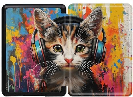 Schutzhülle für Kindle Voyage (2014 erschienen) – Hülle mit sicherem Magnetverschluss und automatischer Schlaf-/Wachfunktion – Lustige Katze mit Kopfhörern