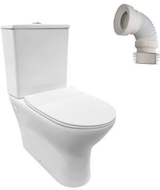 BAIKAL Pack Inodoro T6 + Manguito Extensible 150-470mm. WC Compacto a Suelo con Sistema Rimless y cisterna Monobloque de Doble Descarga. Sanitario con Salida Dual y Asiento con caída Amortiguada