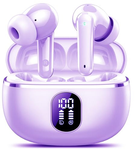Cuffie Bluetooth, Auricolari Bluetooth 5.3 Cuffie Wireless in Ear con 4 ENC Mic Stereo, Cuffie Senza Fili Cancellazione Rumore Cuffiette Bluetooth IPX7 Impermeabili,con LED Display 50 Ore,Viola(2024)