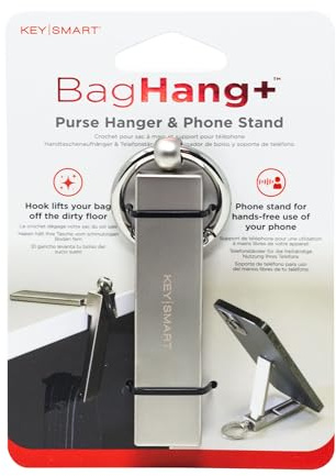 KEY SMART BagHang Plus - 2-in-1 Purse Hook for Table & Phone Stand - Bag Holder and Hanger for Table Tops - Keychain Purse Hanger for Desk - Easy to Clip and Strong Grip Carabiner - Stainless Steel