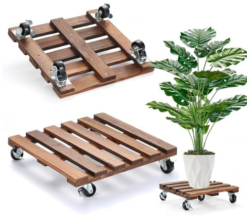 Duscdesp 2 Pack 360° Plant Stand 30cm Plant Caddy with Lockable Wheels Wooden Pot Stand Flower Stands Heavy Duty Stands（Square）