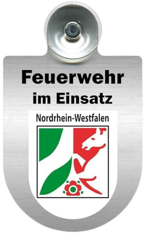 Alu-Dienstschild Feuerwehr im Einsatz, Schild mit Saugnapf für Frontscheibe, Auto, Fahrzeug für Einsatz, 10x16 cm (Nordrhein-Westfalen)
