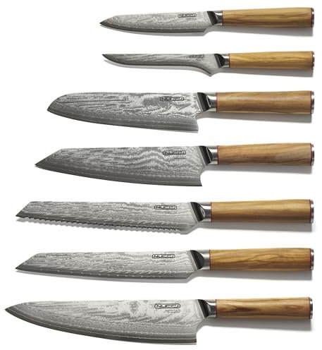 CLASSE ITALY SET 7 Coltelli in Acciaio Giapponese AUS 10 a 67 strati, Affilato a mano, Manico in Olivo, Panno pulizia incluso