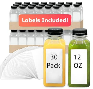 Xzyden Bottiglie quadrate in plastica con tappi ed etichette adesive, trasparenti, senza BPA, usa e getta e riutilizzabili, per succhi e frullati, 30 pezzi