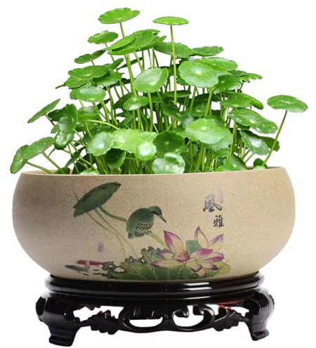 SMELEYOU Lotus Bowl Planter for Lotus Flower Seeds Ceramic Leaves Birds Plant Pots Indoor Decorative Round Flower Pot Hydroponic Bonsai Pot Container for Garden Balcony Office
