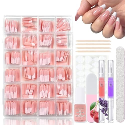 Virellay 360 Stück Ballerina Press on Nails French, Rosa Weißem Künstliche Nägel Zum Aufkleben French mit 2 Pcs Nagelöl Stift, Long Fake Nägel Französisch für Frauen DIY